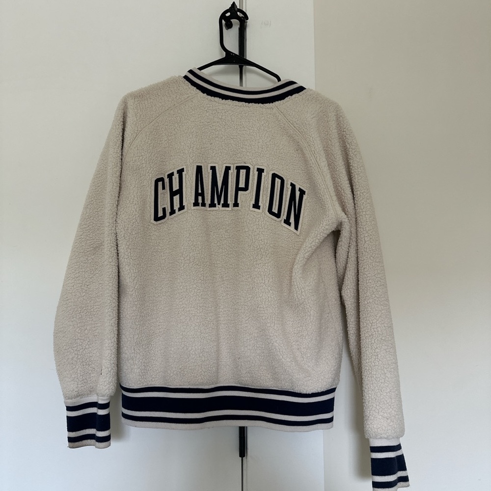 champion jacket blue and white sherpa